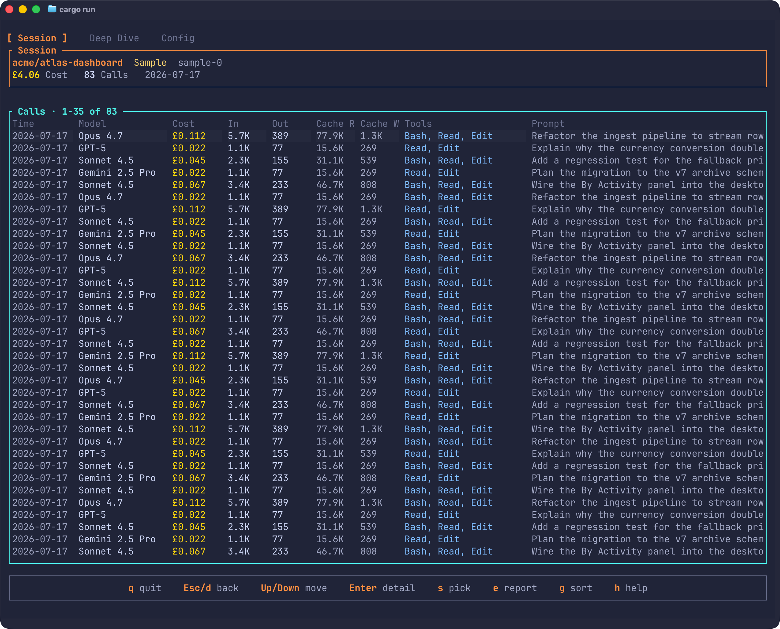 Token Use TUI session picker open over Deep Dive, listing recent sessions by date, project, cost, and calls with a type-to-search filter.