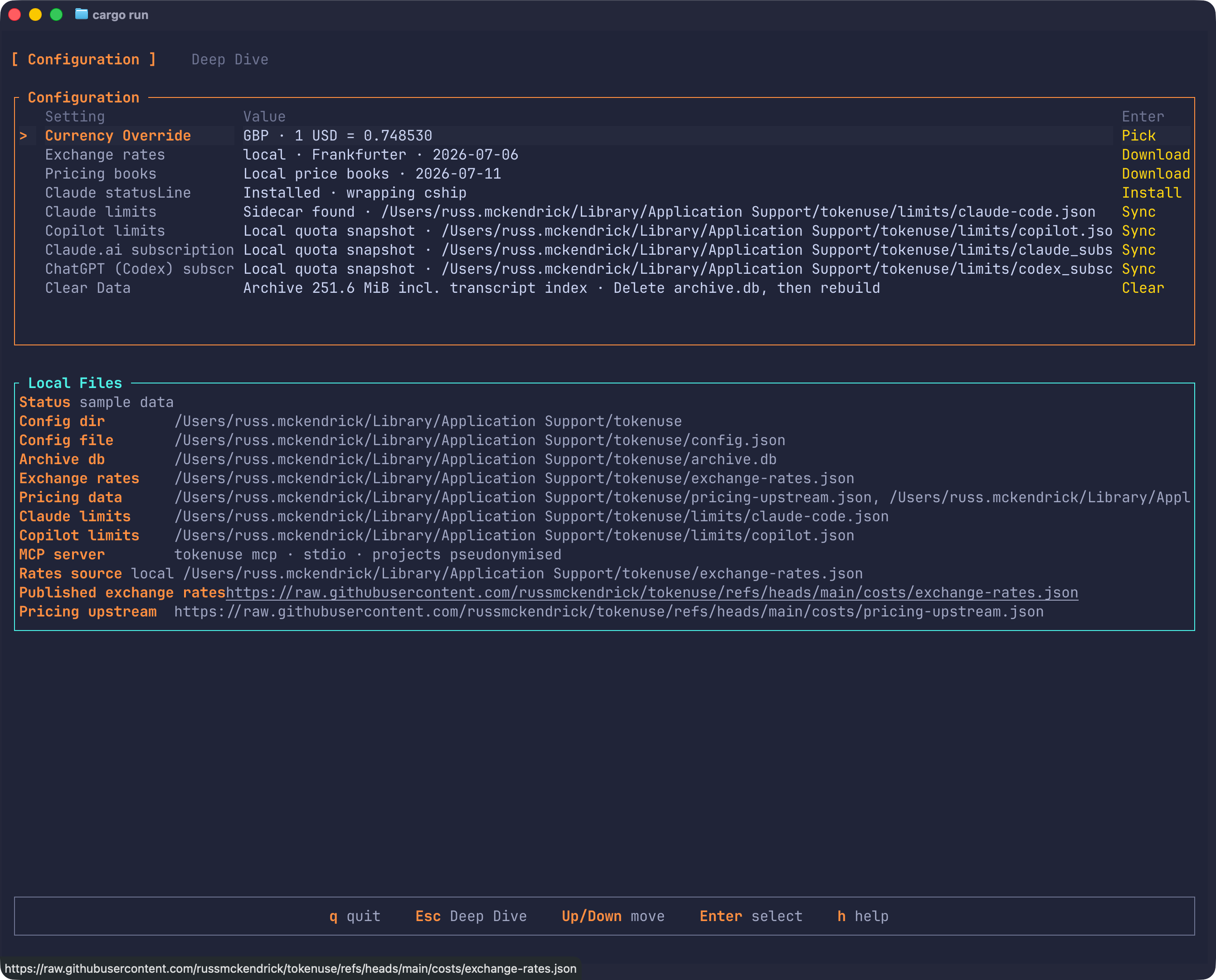 Token Use TUI configuration screen showing currency override, exchange rates, pricing books, limit sidecars, subscription quota sync, local files, and keyboard shortcuts.