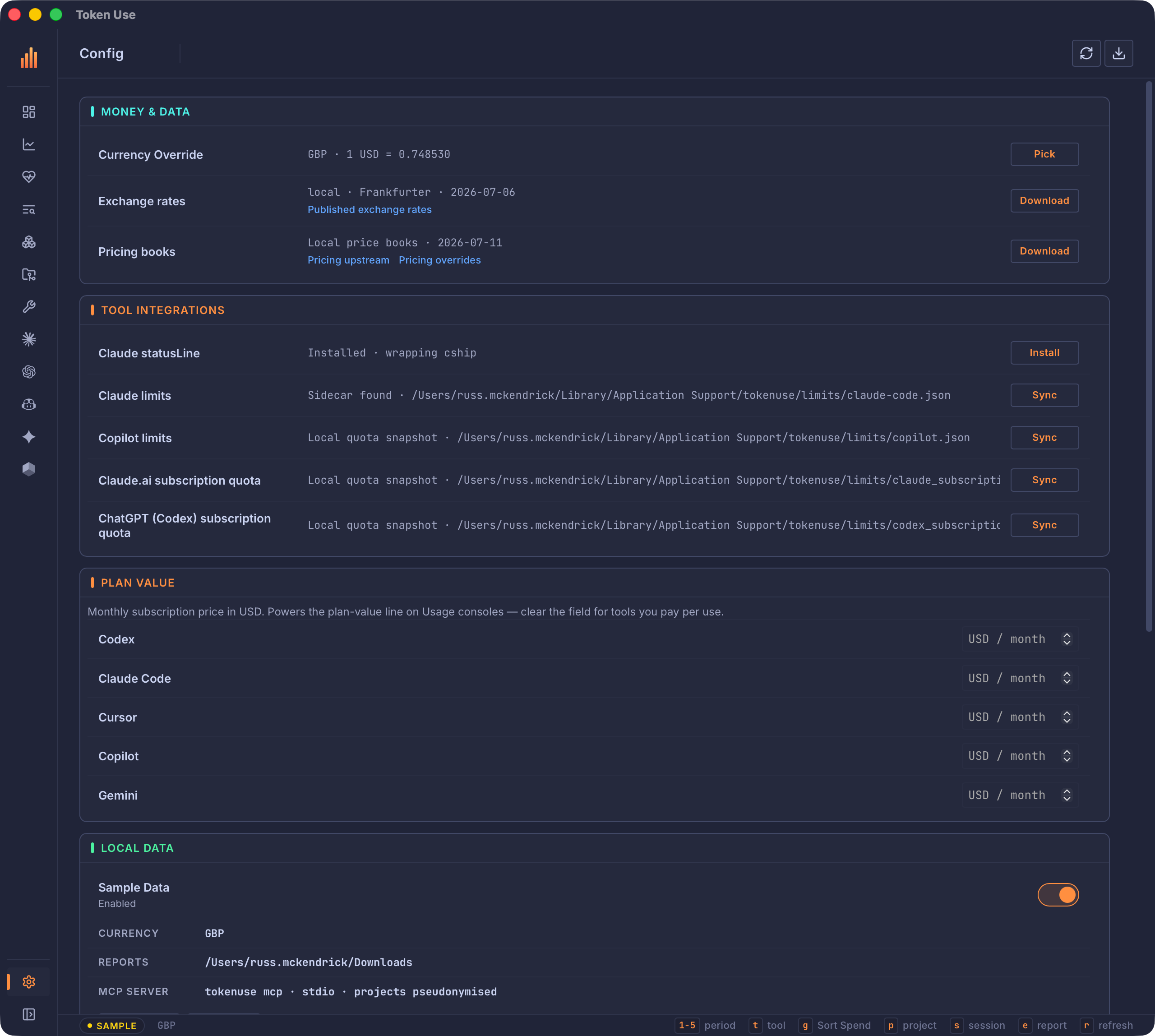 Token Use desktop app Config screen showing display currency, pricing and exchange-rate downloads, archive actions, limit sync, the Data Sources diagnostics panel, the sample data switch, and desktop settings.